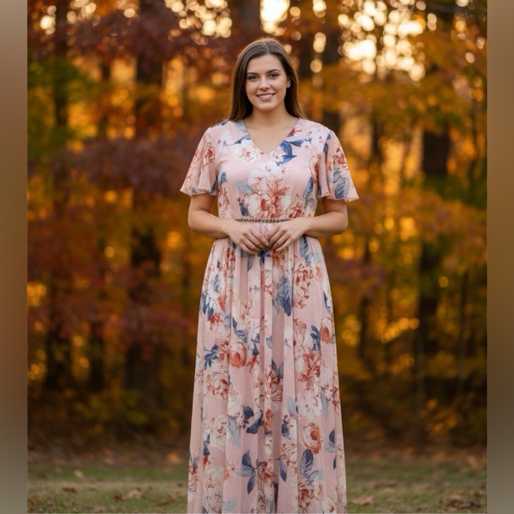Enfocus Studio Floral Maxi Dress | Size 6 | Short Sleeve V-Neck Boho